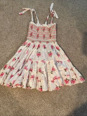 CB Positano VIRAL dress White Floral Tie-Strap Sundress with Pink Rose Print